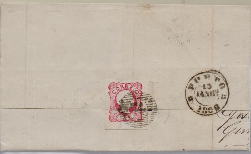 1822 v.jpg -     Lote:    1822 (verso)                   Descrição:         Carimbos nominativos. 1856/58 &mdash; D. Pedro V. Cabelos anelados. CE13, 25 reis carmim em carta circulada de Santo Tirso para o Porto (15.01.62). Carimbos batidos a preto "S.TO THYRSO" e numérico da 1.ª reforma tipo 20 barras "74". Selo cortado.        Carta       Valor Base:     &euro; 12,00     Valor Venda:     &euro;      
